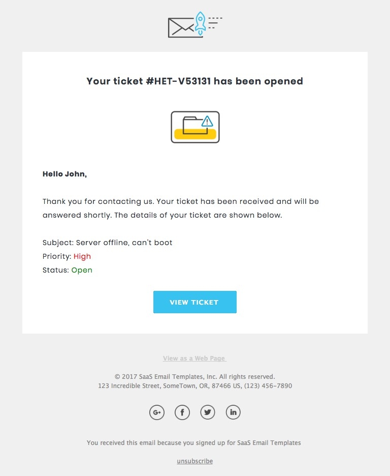 Ticket Opened - Responsive HTML Email Template desktop